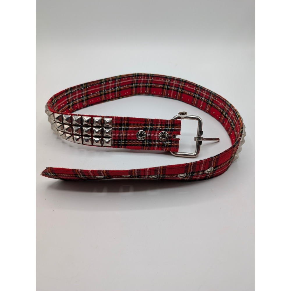 Funk Plus Red Plaid Tartan Triple Row Pyramid Stud Belt Made in USA Punk Small